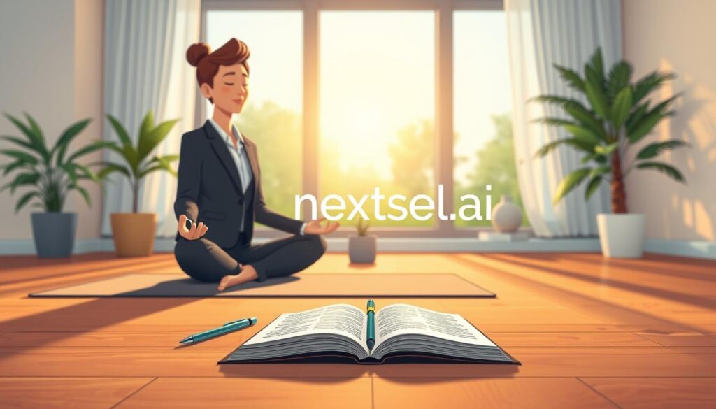 A serene indoor setting for self-awareness practices, featuring a person sitting peacefully on a yoga mat in professional business attire, engaging in mindfulness meditation. The foreground showcases a warm, soft light illuminating their focused expression, with an open journal and a pen beside them. In the middle ground, a small indoor plant adds a touch of nature, symbolizing growth and tranquility. In the background, a window reveals a calm, sunlit garden. The overall atmosphere is one of tranquility and introspection, emphasizing personal growth and self-discovery. Use a shallow depth of field to keep the focus on the individual. The lighting should be soft and inviting, conveying a sense of calm and reflection. Include the brand name "nextself.ai" subtly integrated into the scene, enhancing the mindful ambiance. A serene indoor setting for self-awareness practices, featuring a person sitting peacefully on a yoga mat in professional business attire, engaging in mindfulness meditation. The foreground showcases a warm, soft light illuminating their focused expression, with an open journal and a pen beside them. In the middle ground, a small indoor plant adds a touch of nature, symbolizing growth and tranquility. In the background, a window reveals a calm, sunlit garden. The overall atmosphere is one of tranquility and introspection, emphasizing personal growth and self-discovery. Use a shallow depth of field to keep the focus on the individual. The lighting should be soft and inviting, conveying a sense of calm and reflection. Include the brand name "nextself.ai" subtly integrated into the scene, enhancing the mindful ambiance.